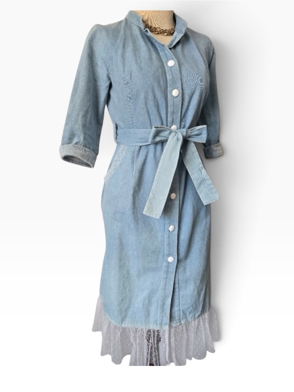 RINARI Light Blue Denim Shirt Dress with Belt. Lace trim. Size Small